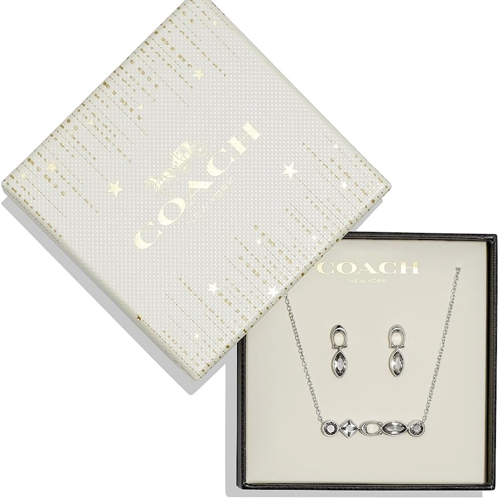 COACH Signature Silver Logo Bezel Earring and Necklace Set - Picture 3 of 14